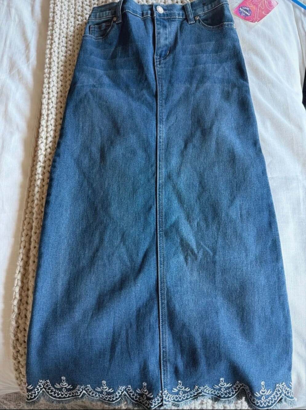 Rockids Denim Skirt Size Large Blue Long Embroidered Hem